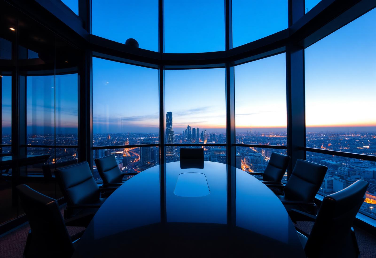 Sala de juntas corporativa en un rascacielos de Ciudad de México al atardecer